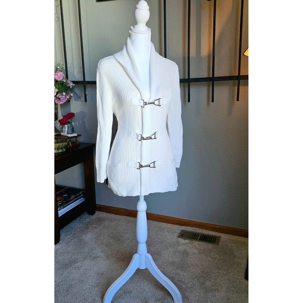 Lauren Ralph Lauren Cardigan Womens Large White Shawl Collar Lobster Claw Clasp